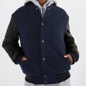 Aritzia TNA Total Eclipse Blue Prince Varsity Bomber Leather Sleeve Jacket